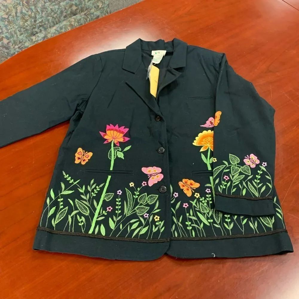 QuackerΒ FactoryβBlack Butterfly Garden Embroidered Jacket Blazer sz LβNWT